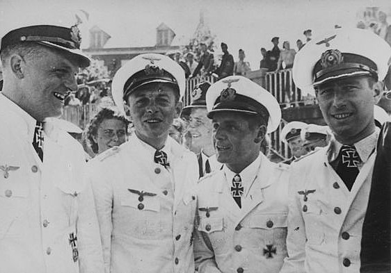 eaa187a53d3d03854f6c8499e5be8cf0_ Erich Topp (U-552), Claus Korth (U-93), Engelbert Endraß (U-567) and Herbert Kuppisch (U-94) Saint-Nazaire, 1941.jpg
